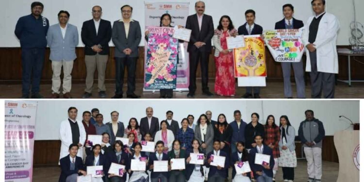 श्री महंत इन्दिरेश अस्पताल में स्कूली बच्चों ने पोस्टर से दिया कैंसर से लड़ने का संदेश