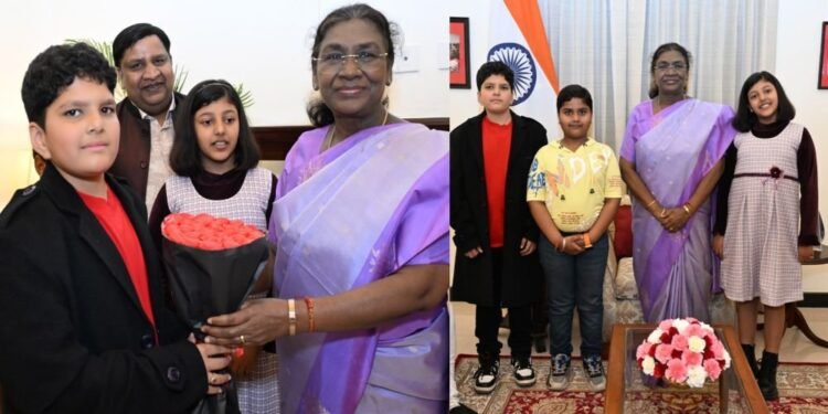 अदम्य, आदविक और वैदिका ने राष्ट्रपति द्रौपदी मुर्मु से की शिष्टाचार भेंट